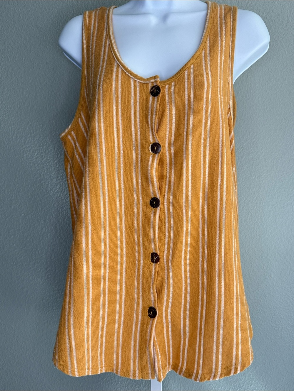 Med but fits large/flowy Striped Mustard Button-Front Sleeveless Top